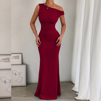 Women Fishtail Dress Slant Shoulder Collar Waist Pleated Sleeveless Sexy Dress - Wanita Store