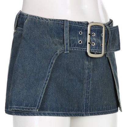 Sexy Personalized Design Faux Two Layer Ultra Short Denim Skirt Distressed Waist Large Breasted Hip Lift Skirt - Wanita Store