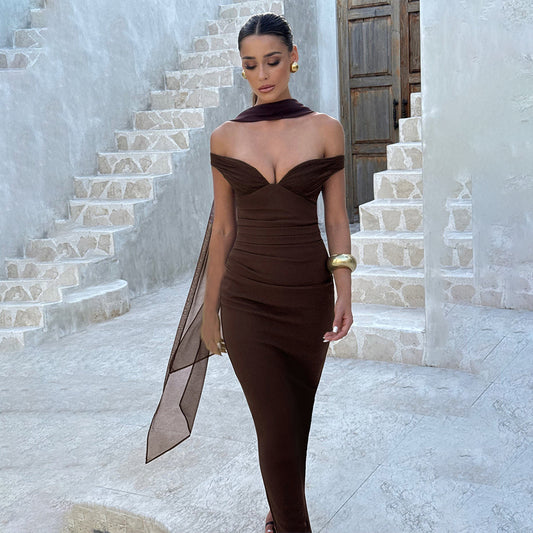 Elegant Tube Top Solid Color Dress Sexy Sleeveless Slim Fit Backless Dress