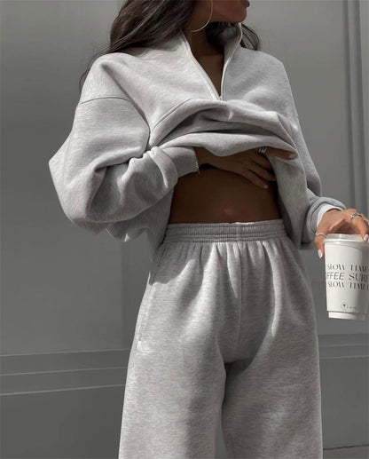 Women Long Sleeved Zipped Stand Collar Sweater Suit Autumn Winter Comfort Loose Sports Casual Sweater Two Piece Set - Wanita Store
