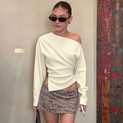 Women Clothing Summer Simple Shoulder Stretch Slim Fit Slit Long Sleeve T shirt Top - Wanita Store