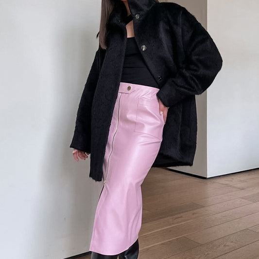 Autumn Winter Retro Matte Casual Leather Split Skirt Midi Skirt - Wanita Store