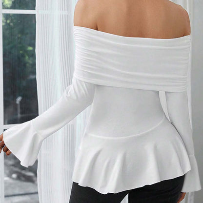 Women Clothing Adult Lady like Woman Intellectual T shirt Autumn Winter Boat Collar Slim Fit Figure Flattering Top - Wanita Store