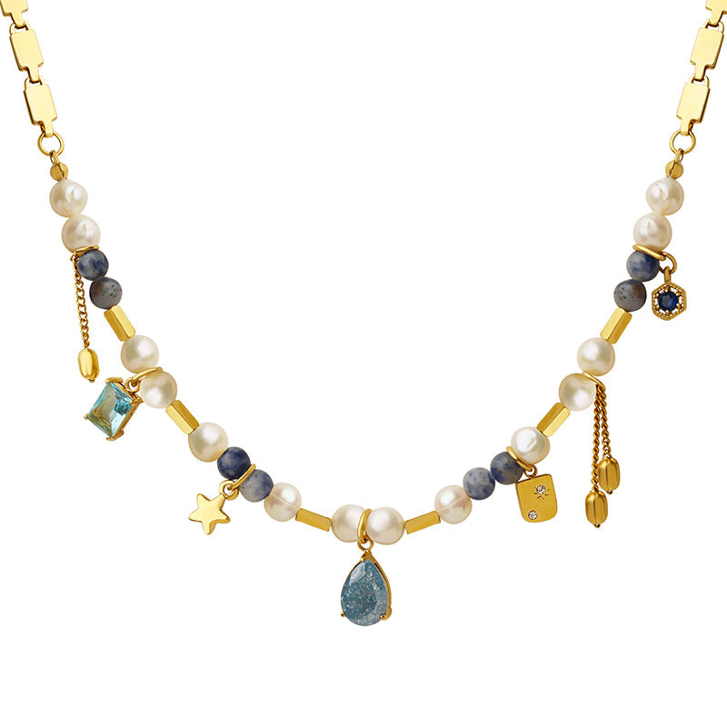 Mix Match Geometric Abstract Material Natural Stone Freshwater Pearl Titanium Steel Embellished Necklace Stitching Heavy Industry to Create Copper Material Chain - Wanita Store