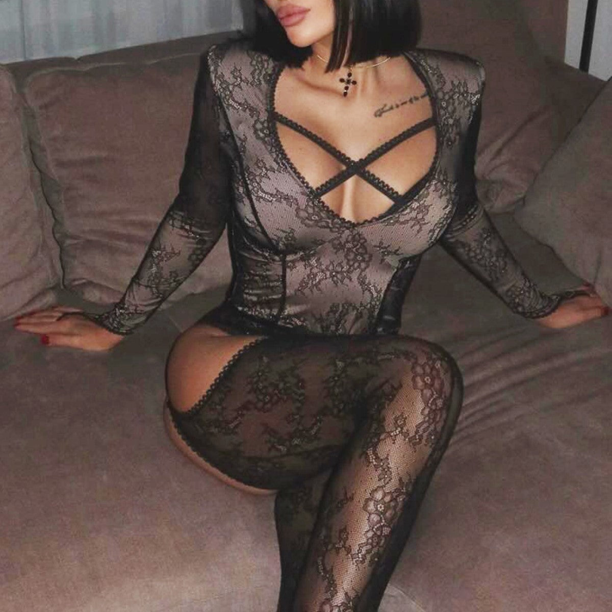 Sexy Cutout Floral Lace Personality Long Sleeve Free off Jumpsuit with See through Thin Socks