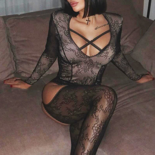 Sexy Cutout Floral Lace Personality Long Sleeve Free off Jumpsuit with See through Thin Socks