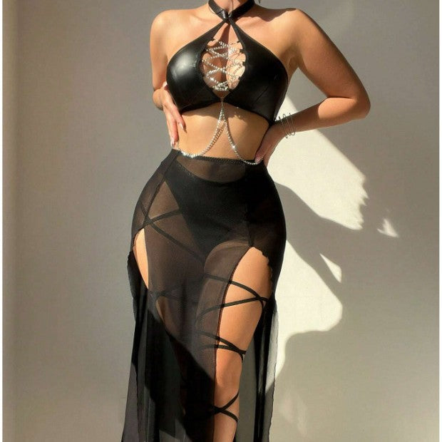 Supply Sexy Nightclub Chain Chain Hollow Out Cutout Thin Transparent Gauze Skirt Sexy Lingerie