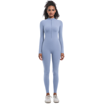 Zipper Nude Feel Long Sleeve Yoga Jumpsuit High Strength Running Fitness Clothes Sports Trend One Piece Tights - Wanita Store