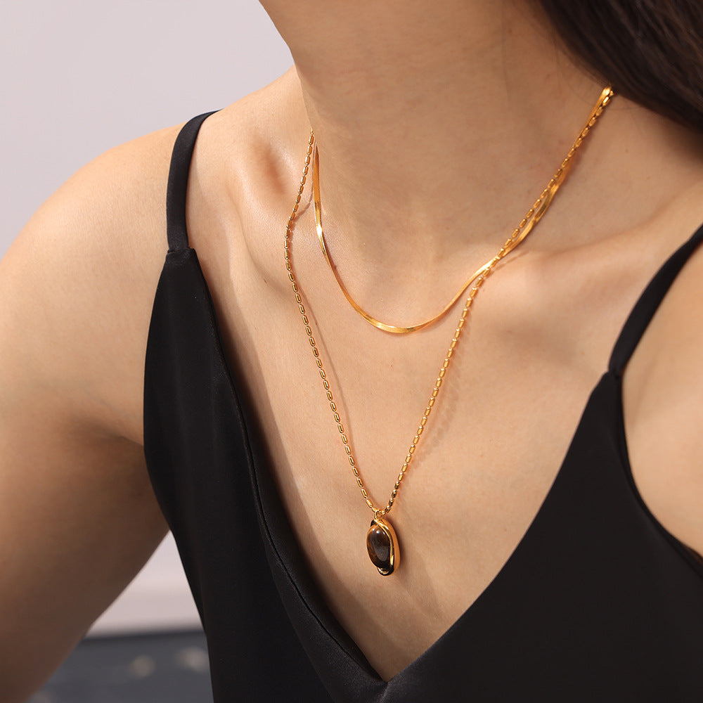 Maillard Simple Grace Personality M Bead Chain Ornament Irregular Asymmetric round Brand Tigereye Embellished Titanium Steel Necklace - Wanita Store
