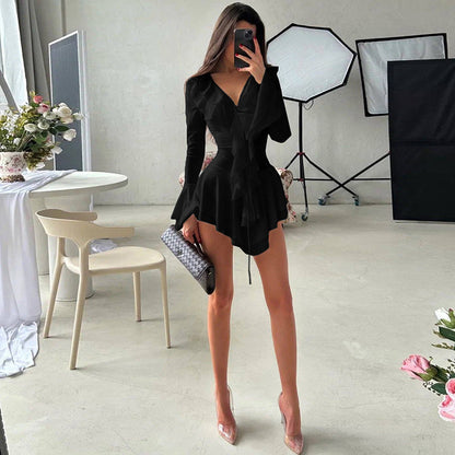 Fall Women Clothing V neck Slim Fit Tied Ruffled Flare Sleeve Dress - Wanita Store
