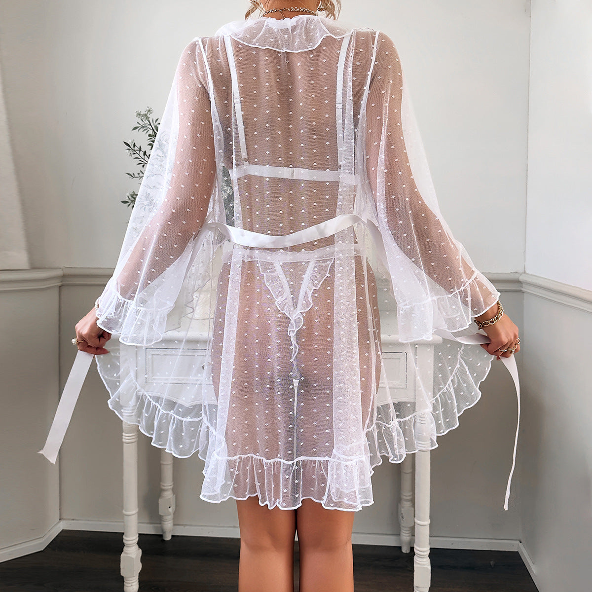 Polka Dot Mesh See through Lace Stringy Selvedge Pleated Lace Mid Length Nightgown Cardigan Sexy Underwear Three Piece Set