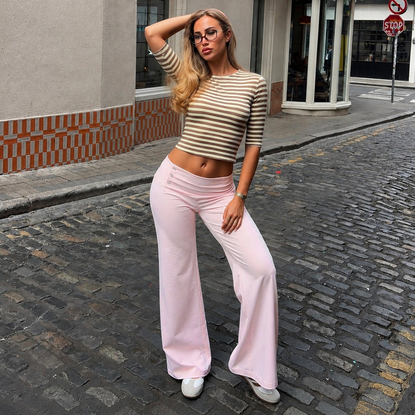 Street Pullover Stripe Mid Sleeve Top Button Waist Pants Casual Two Piece Set for Women