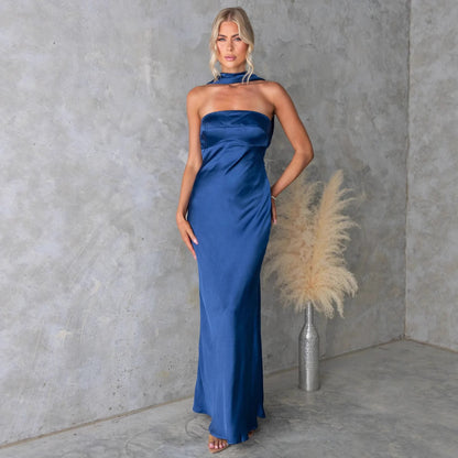 Summer Women Clothing Sexy Halter Satin Mercerized Maxi Dress - Wanita Store