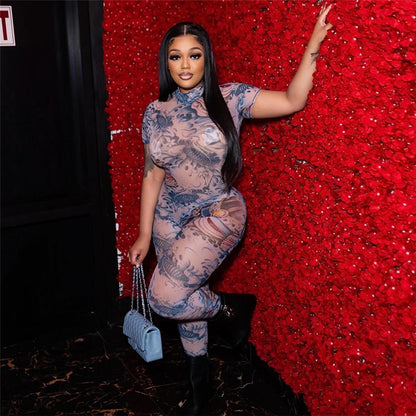 Summer Women Clothing Sexy Backless Printed Sheer Mesh Jumpsuit for Women - Wanita Store