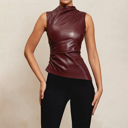 Women Clothing Leather Cascading Collar Personalized Waist Tight Oblique Sleeveless Top Women Vest - Wanita Store