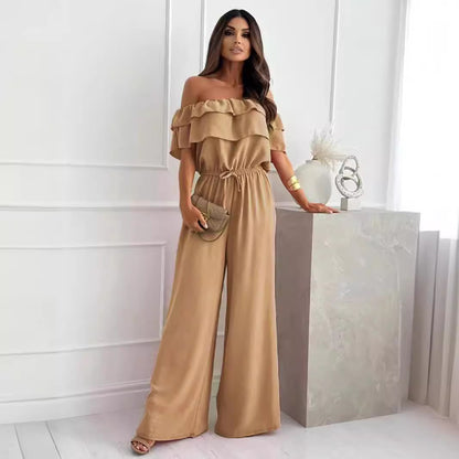 Women Clothing Summer Solid Color Office Ruffled off Shoulder Short Sleeved Jumpsuit - Wanita Store