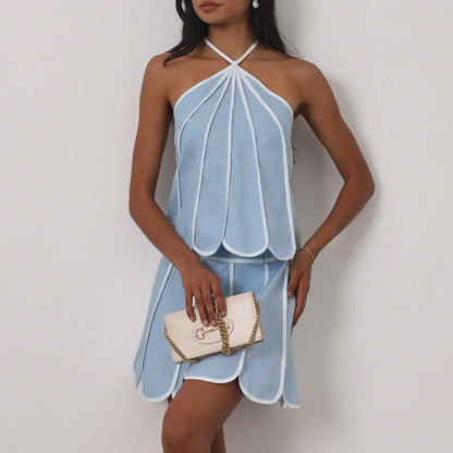 Conjunto de dos piezas de top halter sin mangas de verano para mujer