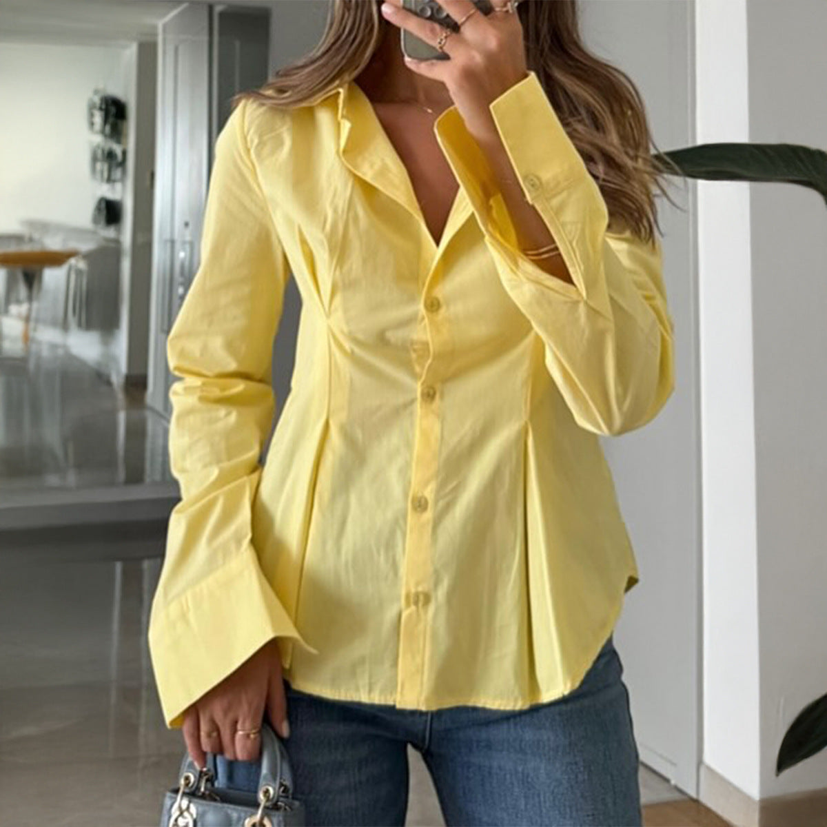 Women Clothing Autumn Elegant Solid Color Buttons Long Sleeve Shirt Top - Wanita Store