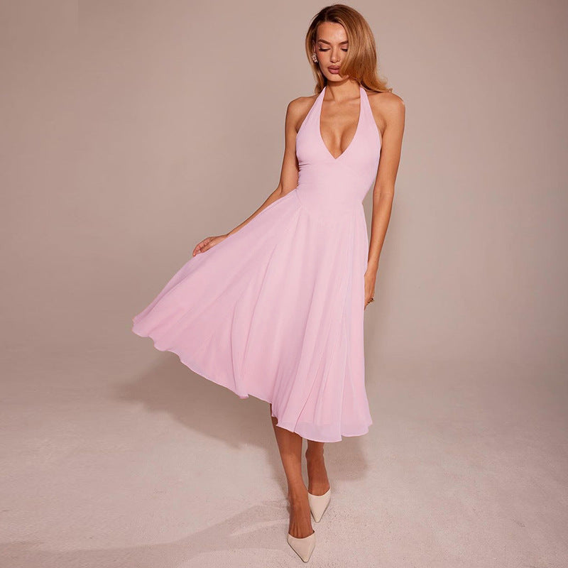 Women Clothing Summer Solid Color Halter Backless Gauzy Stitching Dress