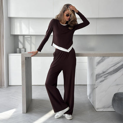 T shirt Trousers Autumn Faux Two Piece Top Two Piece Pants Casual Set Women - Wanita Store