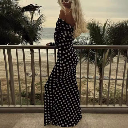 Spring Summer Gauze Polka Dot Stitching off Shoulder Sexy Slim Dress for Women - Wanita Store