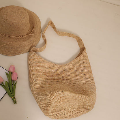 Large Capacity Shoulder Straw Bag Bucket Straw Bag Woven Bag Vacation Beach Bag Women Bag - Wanita Store