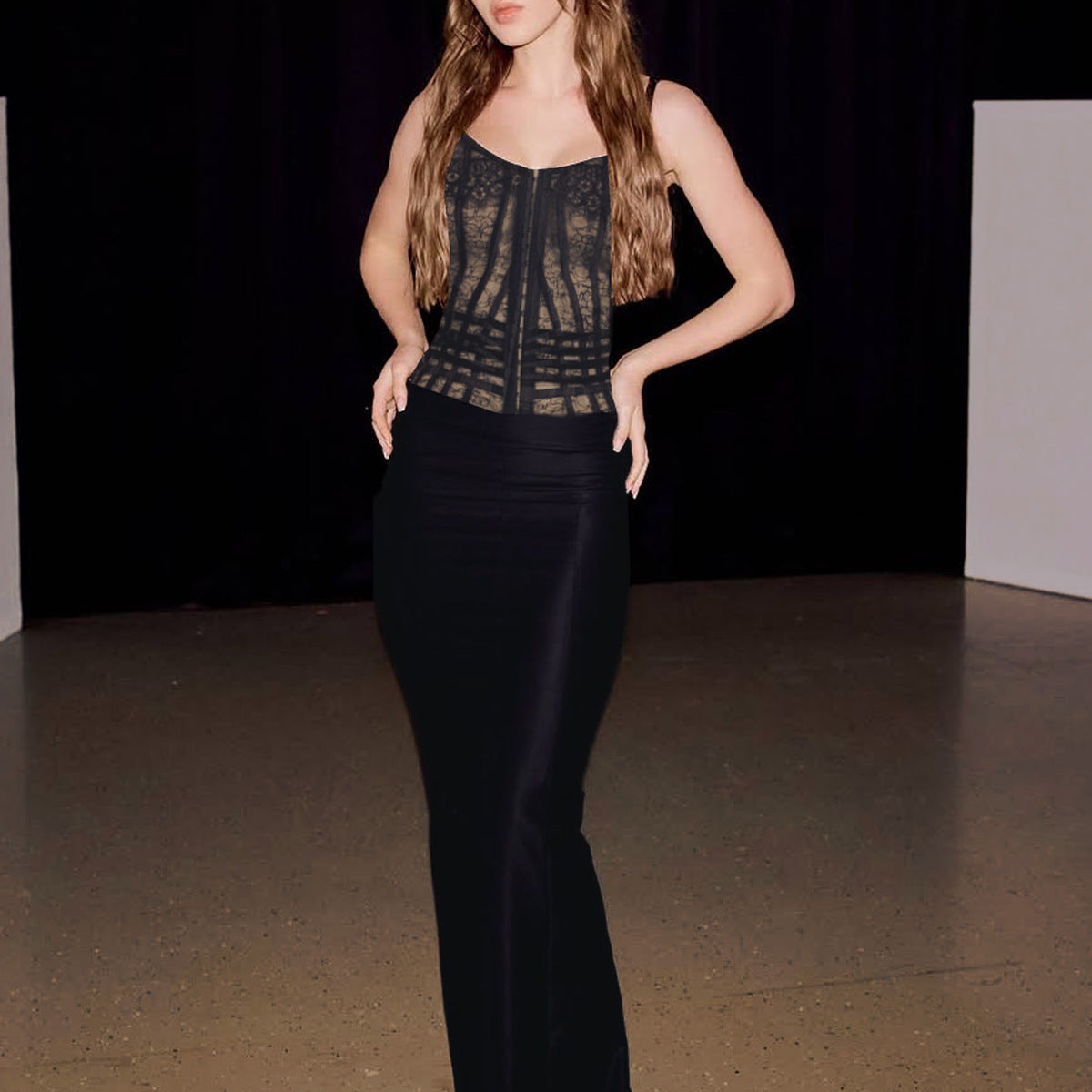 Eyelash Lace Hollow Out Cutout out Strap Waist Stitching Shaping Slim Fit Sheath Dress T Back Set