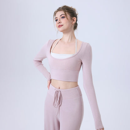 Nude Feel Contrast Color Yoga Clothes Long Sleeve Semi Fixed Cup Running Slim Sports Bra Breathable Workout Clothes Top - Wanita Store