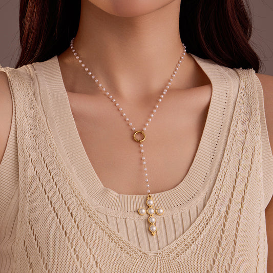 Stainless Steel Cross Shelf Embellished Pearl Retro Adjustable Women Clavicle Necklace - Wanita Store