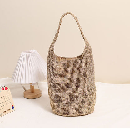 Casual Large Capacity Shoulder Straw Bag Portable Bucket Woven Bag Vacation Beach Bag Women Bag - Wanita Store