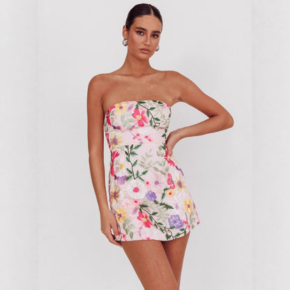 Women Slim Fit Bandeau Sling Short Niche Floral Dress - Wanita Store