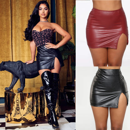 Women Skirt High Waist Hip-Wrapped Skirt Nightclub Faux Leather Zipper Sexy Black Leather Skirt - Wanita Store