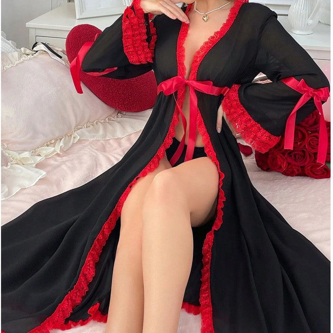 Sexy Thin Transparent Mesh Red Lace Black Robe Sexy Lingerie Set