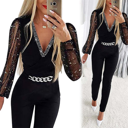 Autumn Women Clothing Solid Color V neck Long Sleeve Rhinestone High Waist Professional Casual Jumpsuit - Wanita Store