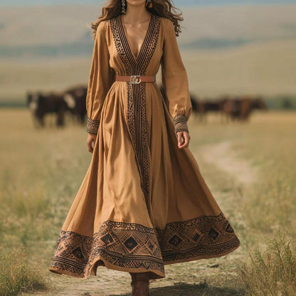 Autumn Women Long Sleeve Printed V neck Maxi Dress - Wanita Store