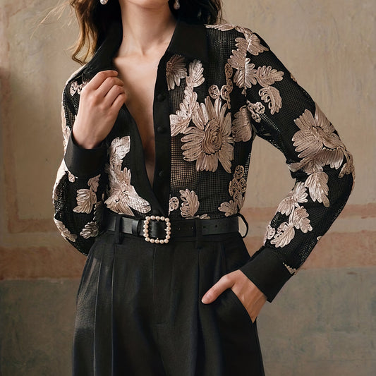 Retro Casual Lace Floral Collared Shirt Black Elegant Long Sleeve Top