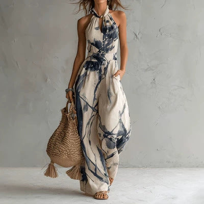 Mono de pierna ancha con estampado de tinta y bolsillos, casual, sin mangas y con cuello halter atado