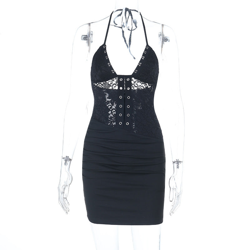 Sexy Lace Sling Dress Summer V neck Backless Lace up Sheath Dress