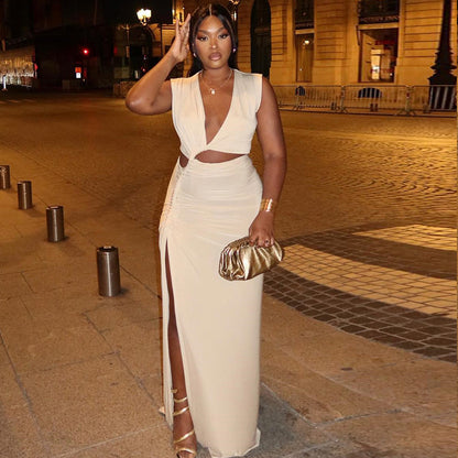 Women Clothing Solid Color Dress Oblique V neck off Shoulder Sleeveless Irregular Asymmetric Slit - Wanita Store