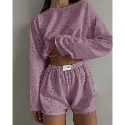 Autumn Ladies Simple Slim Fit Loose Pullover Top Shorts Set - Wanita Store