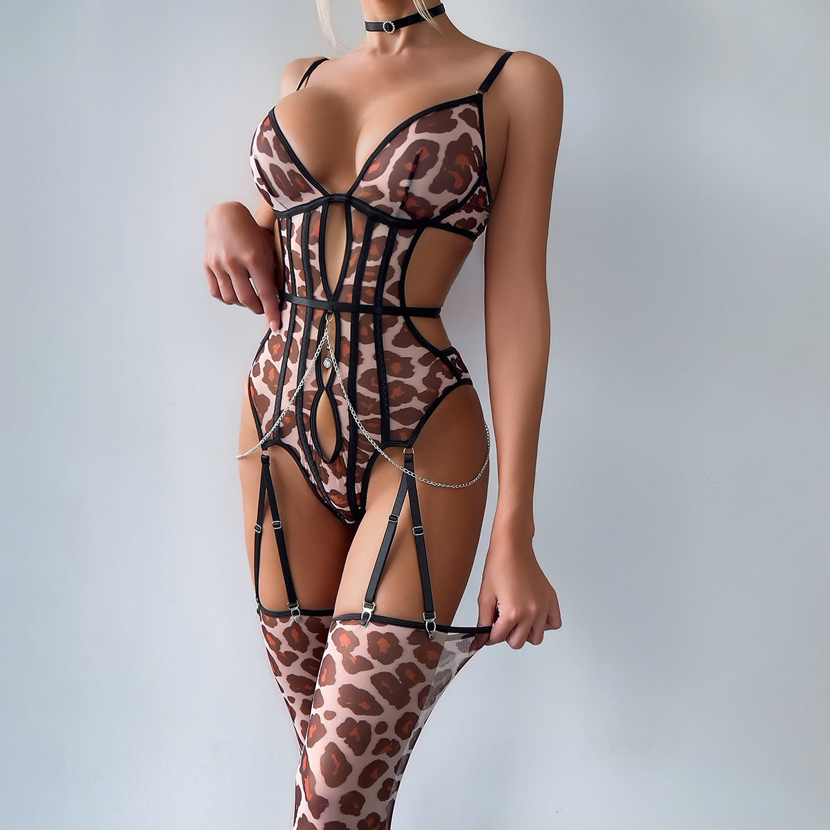 Sheer Cutout Leopard Print Sexy Underwear Metal Waist Chain Jumpsuit with Stockings