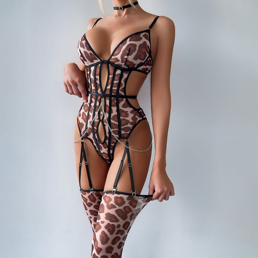 Sheer Cutout Leopard Print Sexy Underwear Metal Waist Chain Jumpsuit with Stockings