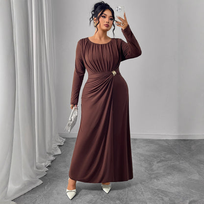 Plus Size Autumn Winter Brown Dress Women Clothes round Neck Long Sleeve Waist Design Pleated Dress - Wanita Store