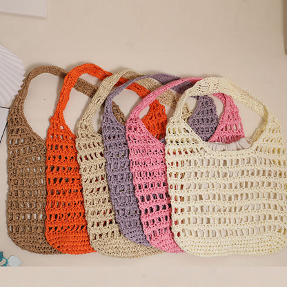 French Large Capacity Shoulder Straw Bag Hollow Out Cutout Tote Portable Straw Bag Woven Bag Seaside Vacation Beach Bag - Wanita Store