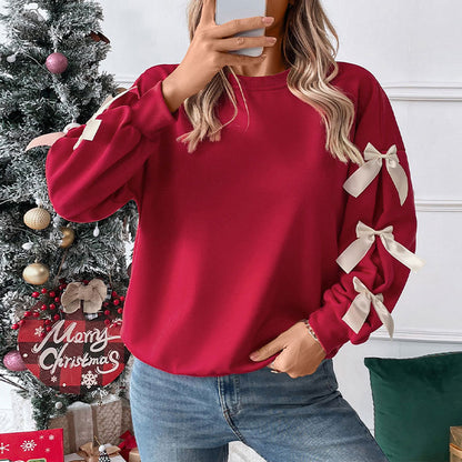 Autumn Winter Top Round Neck Bowknot Red Christmas Sweatshirt for Women - Wanita Store