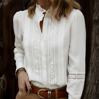 Camisa blanca de manga larga con cuello alto de encaje calado y corte para mujer, otoño