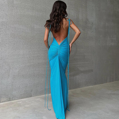 Solid Color Sexy Backless Pleated Long Elegant Slim Strap Dress for Women - Wanita Store