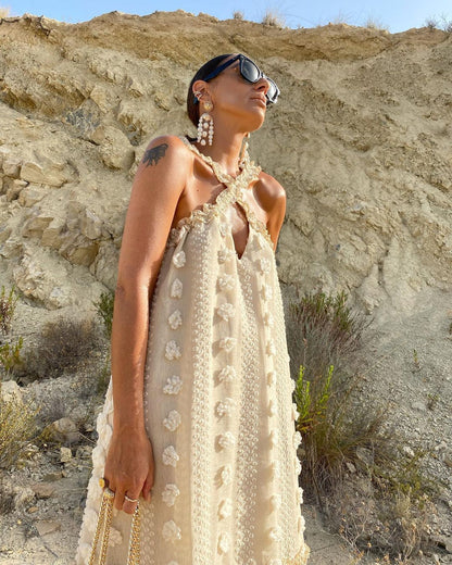 Halter Three Dimensional Floral Mop Tiered Dress - Wanita Store
