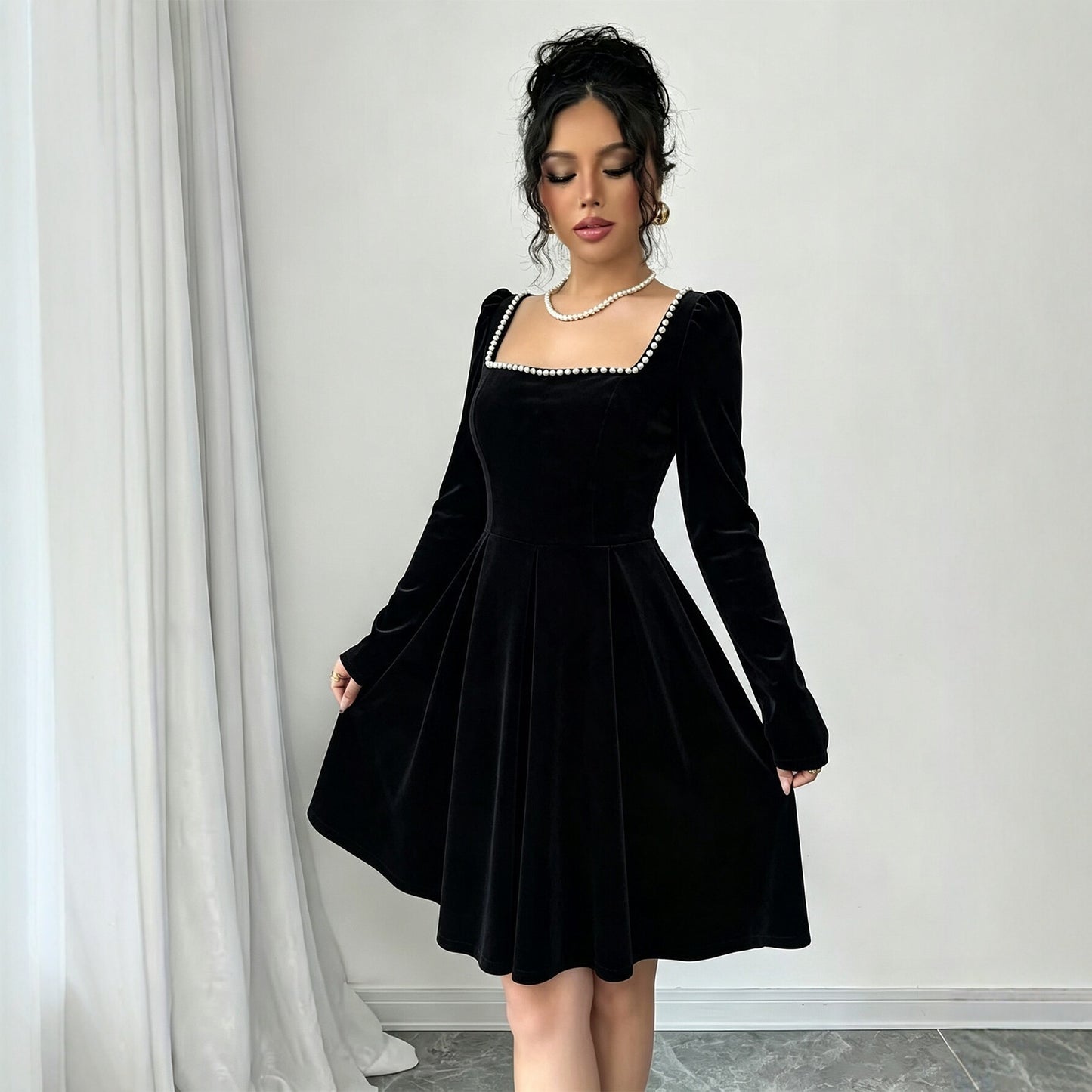 Women Clothing French Vintage Velvet Square Collar Dress Women Pearl Trim Waist Slimming A line Dress