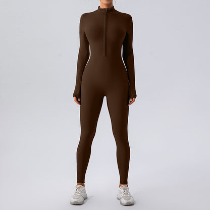 Zipper Nude Feel Long Sleeve Yoga Jumpsuit Women Sports Fitness Training Dance One Piece Bodysuit - Wanita Store